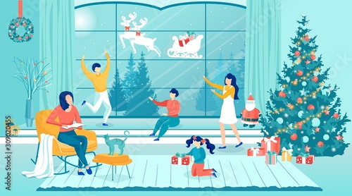 Happy Children See Santa Clause in Home Window