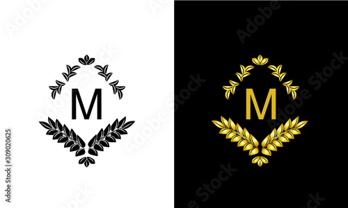 Design of magnificent ancient monogram. Decorative ornament on dark and light background with letter M. Gold and black pattern of brand, business sign, restaurant, boutique, hotel, emblem, jewelry.