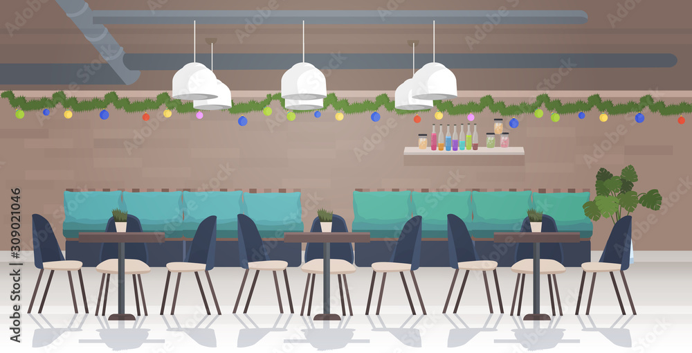 restaurant decorated for merry christmas and happy new year holidays celebration modern cafe interior horizontal vector illustration restaurant decorated for merry christmas and happy new year holidays celebration modern cafe interior horizontal vector illustration