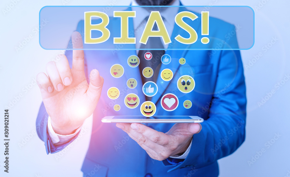Conceptual hand writing showing Bias. Concept meaning inclination or prejudice for or against one demonstrating group Conceptual hand writing showing Bias. Concept meaning inclination or prejudice for or against one demonstrating group