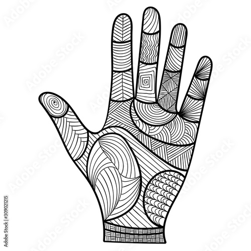 Human palm with doodle patterns divided into palmistry sectors. Fortune teller hand, chiromancy illustration. Art for coloring or print. Easy to change colors inside of object.