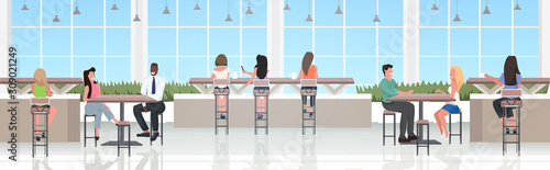 people sitting at cafe tables mix race visitors discussing during meeting modern restaurant interior horizontal full length vector illustration