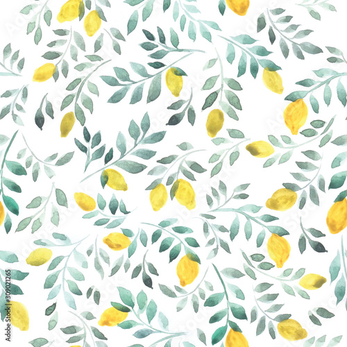 Seamless pattern watercolor drawing ornament yellow lemons with leaves. Stock illustration. Handmade watercolor pattern juicy lemons. Isolated over white background. Vintage