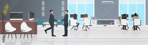 businessmen shaking hands businesspeople sitting at workplaces successful teamwork concept creative co-working center office interior horizontal full length vector illustration
