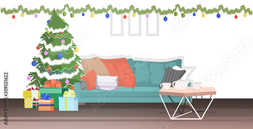 modern living room with fir tree decorated for christmas holidays celebration concept horizontal home apartment interior vector illustration