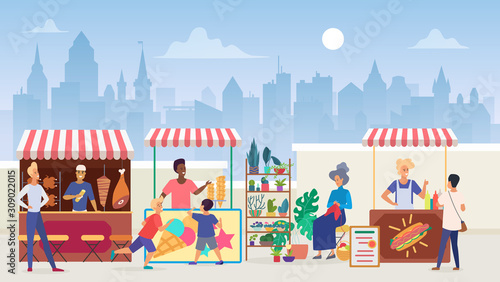 Street food market flat color vector illustration. Outdoor marketplace in megapolis. Vendors and customers. Sellers at shawarma and icecream takeaway stalls. Modern cityscape background