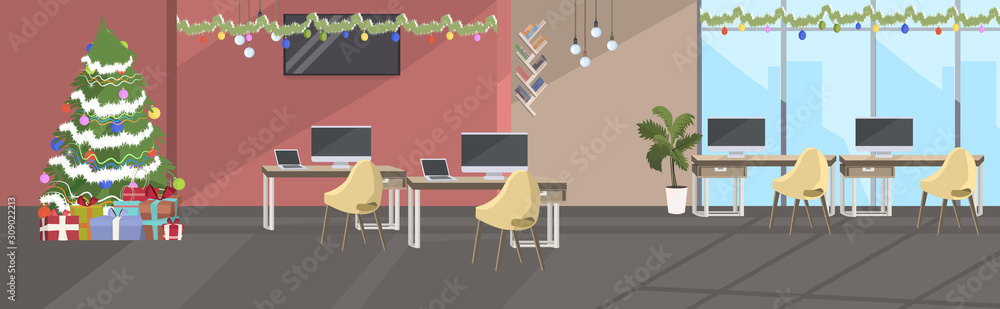empty no people coworking center decorated for christmas holidays celebration modern open space office interior horizontal vector illustration empty no people coworking center decorated for christmas holidays celebration modern open space office interior horizontal vector illustration