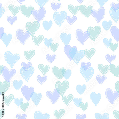 Romantic seamless pattern with cute images of hearts with hand drawn texture. The style of children s drawing.