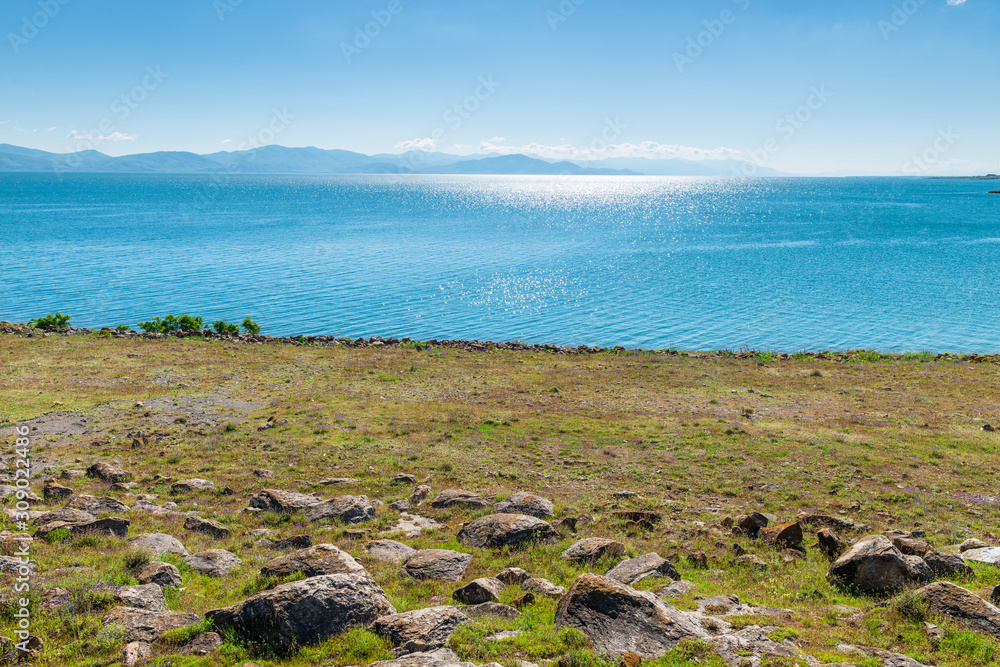 Beautiful lake Sevan in Armenia on a sunny summer day