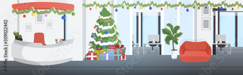 coworking center decorated for christmas holidays modern waiting hall with reception desk office interior horizontal vector illustration