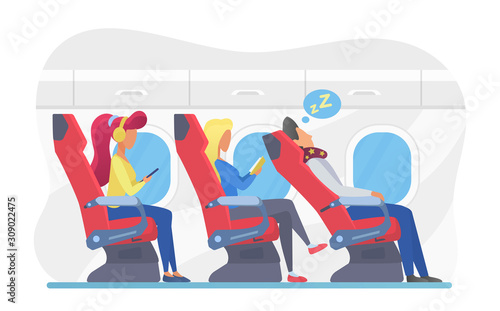 Airplane passengers in economy class flat vector illustration. Plane cabin interior with travellers sideview. Inside view of aircarft with sleeping and reading commuters. Airtravel concept