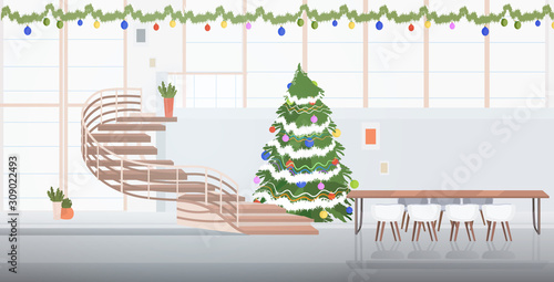coworking center decorated for christmas holidays celebration modern meeting room with round table office interior horizontal vector illustration