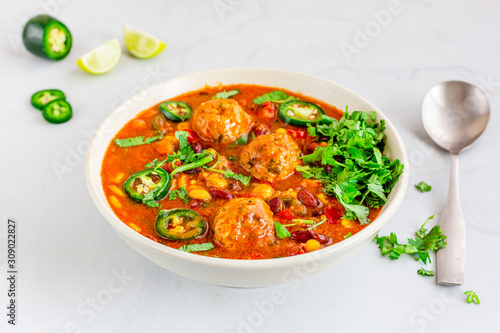 Hot Soup with Meatballs and vegetables in a Bowl on the Table. Winter Food, Albondigas Soup, Spanish and Mexican Food