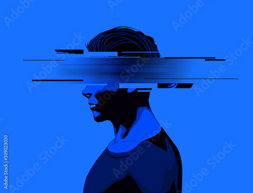 A young man with a partially obscure face, glitch effect. Mental wellbeing, mens issues and rights concept.Vector illustration