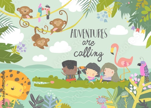 Cute cartoon kids travelling with animals. Adventures are calling © Maria Starus