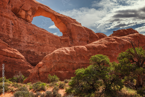 Gigantic windows made by Nature in sandstone rock in Arches National Park near Moab, Utah