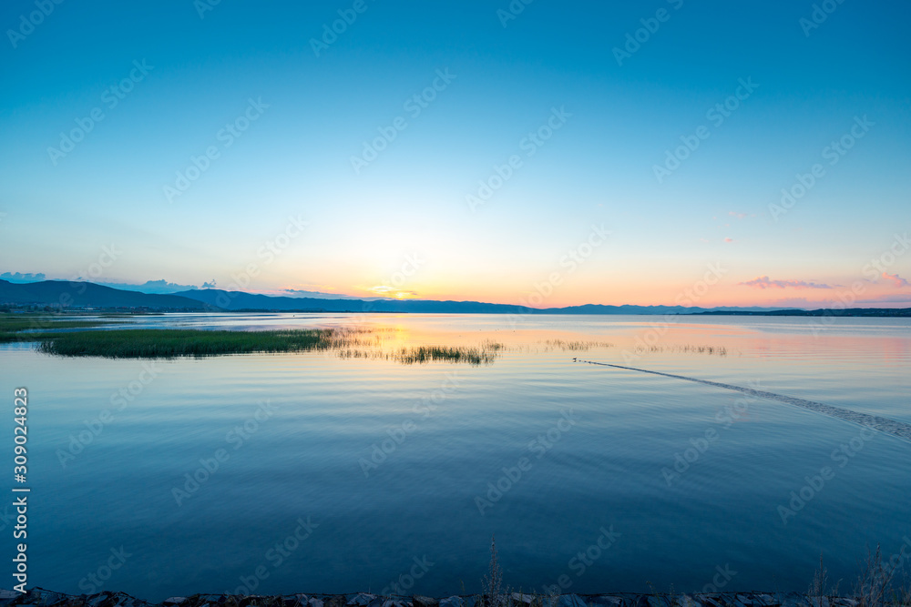 Morning landscape, picturesque lake Sevan at dawn, Armenia