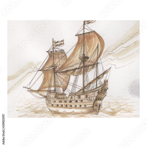 sailing ship watercolor sketch hand-drawn