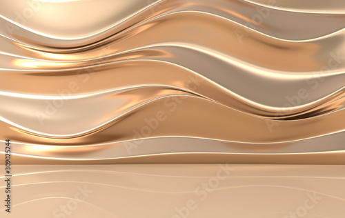 Golden panel with waves. 3d render interior wall panel