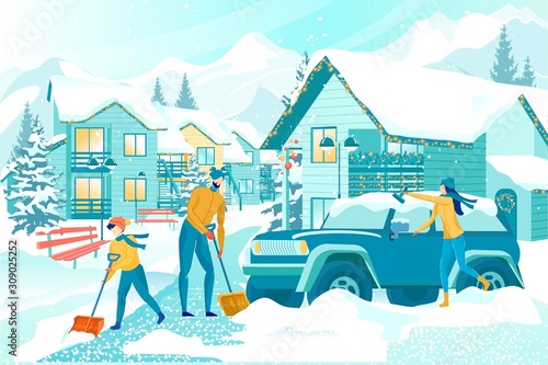 Boy Helping Parents to Remove Snow After Snowfall