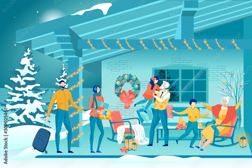 Happy Family Visiting Relatives at Christmas Eve Happy Family Visiting Relatives at Christmas Eve