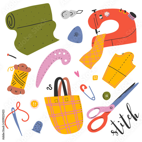Sewing and needlework supplies, set of isolated vector illustrations. Clip arts consist of sewing machine, fabric, scissors, needle, pattern, thread bobbin and other tools, hand drawn cartoon design. 