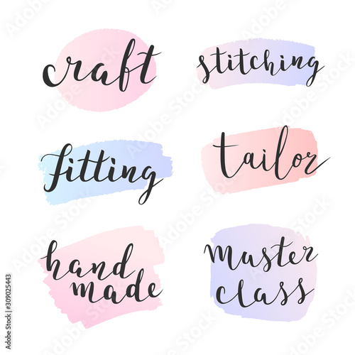 Collection of logos for sewing and tailoring studio or atelier. Vector lettering on watercolor backgrounds, paint splashes in pastel colors. Set of words tailor, hand made, fitting. Colorful labels