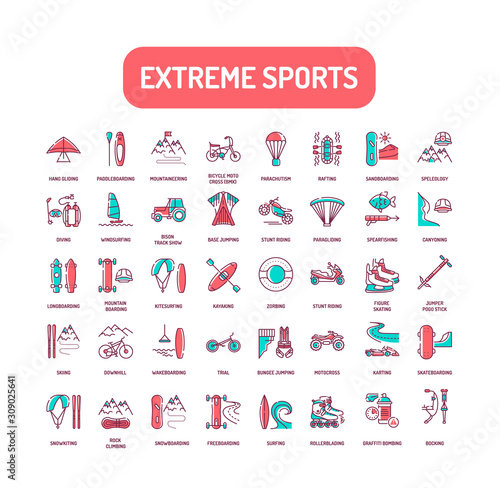 Extreme sport color line icons set. Activities perceived as involving a high degree of risk. Pictogram for web page, mobile app, promo. UI UX GUI design element. Editable stroke