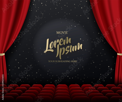 Theater stage vector template illustration with red heavy curtain and seats. photo