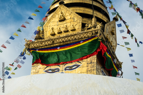 The upper part of the stupa in Buddhist temple Swayambhunath in Kathmandu.