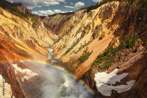 Grand Canyon of Yellowstone, the river flows through the cliffs of yellow and orange sandstone, in Yellowstone National Park, Wyoming