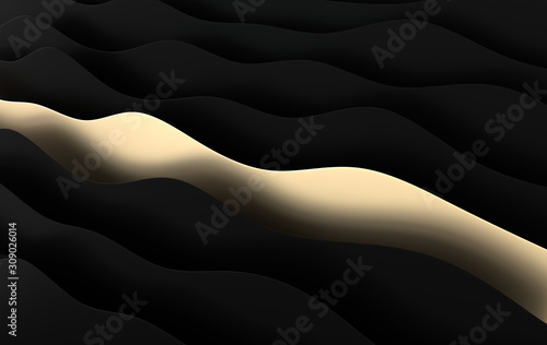 Black and golden paper art cartoon abstract waves, folds Paper carve background. Modern origami design template. 3d rendering illustration.