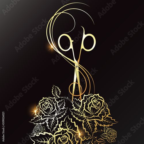 Golden scissors curl hair and roses silhouette for beauty salon