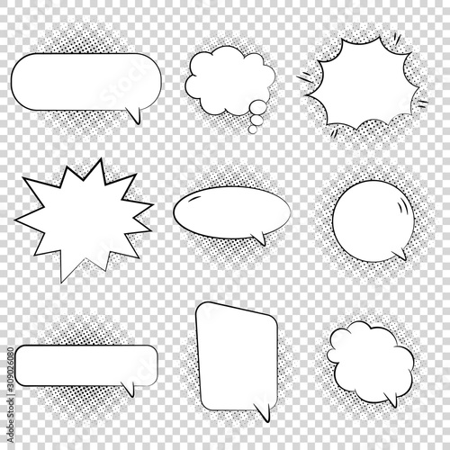 A collection of comic style speech and thought bubbles. Pop art style bubble illustration.