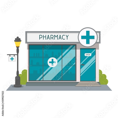 Pharmacy drugstore street shop facade. Flat style vector illustration.