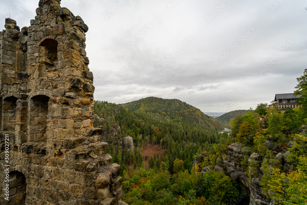 The ruins of Burg Oybin (1369) in the Zittau Mountains on the border of Germany (Saxony) with the Czech Republic.