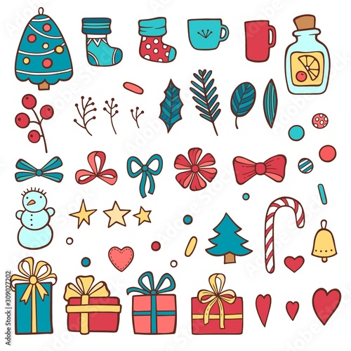 Collection of Vintage Merry Christmas And Happy New Year flowers. Greeting stylish illustration of winter romantic flowers, leafs, wreaths, toys. Template for Scrapbooking,Stickers,Planner,Invitations