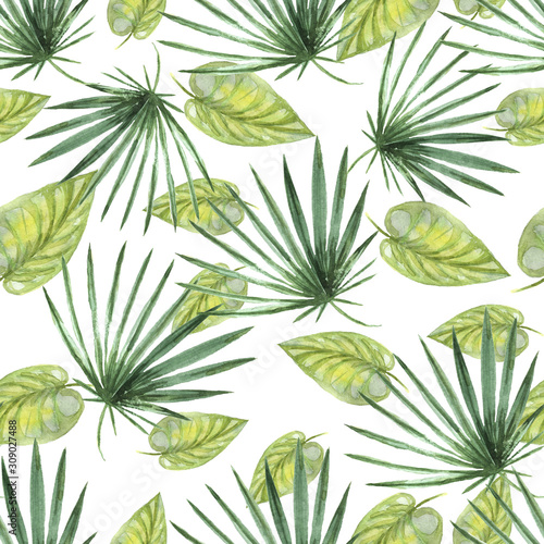 pattern seamless print textile tropics palm leaves green freshness white background watercolor sketch hand-drawn