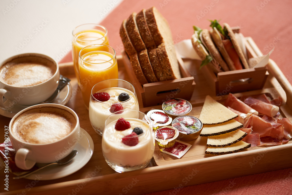 Fototapeta premium Breakfast morning coffe yogurt food toast fruit 