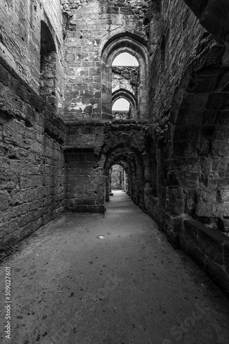 The ruins of Burg Oybin  founded as Celestines monastery in 1369 in the Zittau Mountains on the border of Germany  Saxony  with the Czech Republic. Black and white.