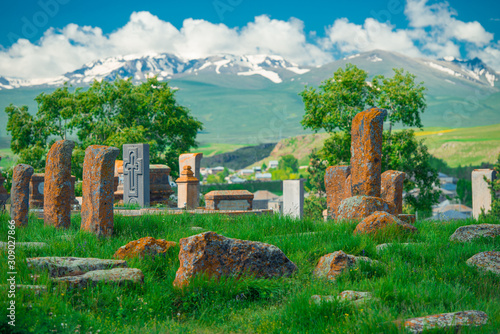 Ancient khachkars in Noratus cemetery, landmark Armenia