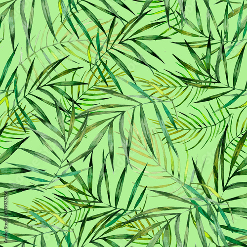 Seamless pattern with bamboo leaves. Foliage nature, watercolor hand-drawn illustration. Retro style, vintage, sketch. China, Japan.
