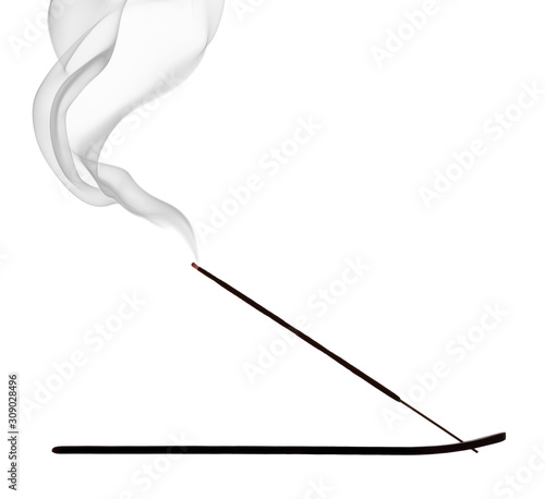 Burning incense stick on white background photo