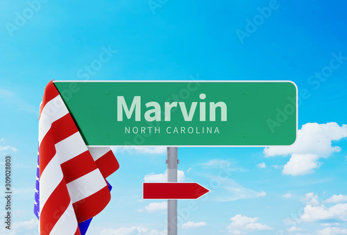 Marvin – North Carolina. Road or Town Sign. Flag of the united states. Blue Sky. Red arrow shows the direction in the city. 3d rendering photo