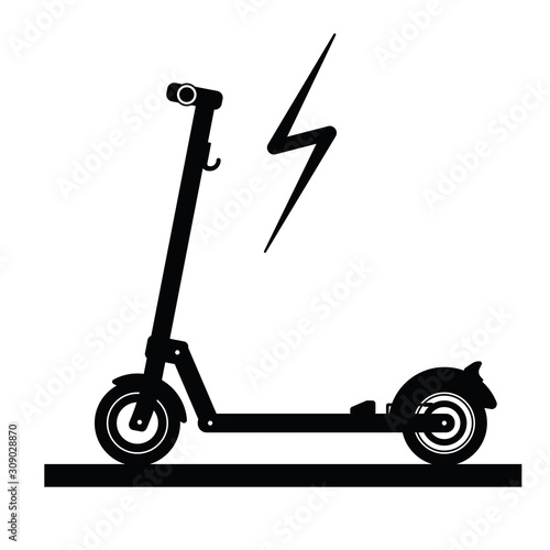 Modern electric scooter on a white background drawn in a silhouette style with a lighting sign.