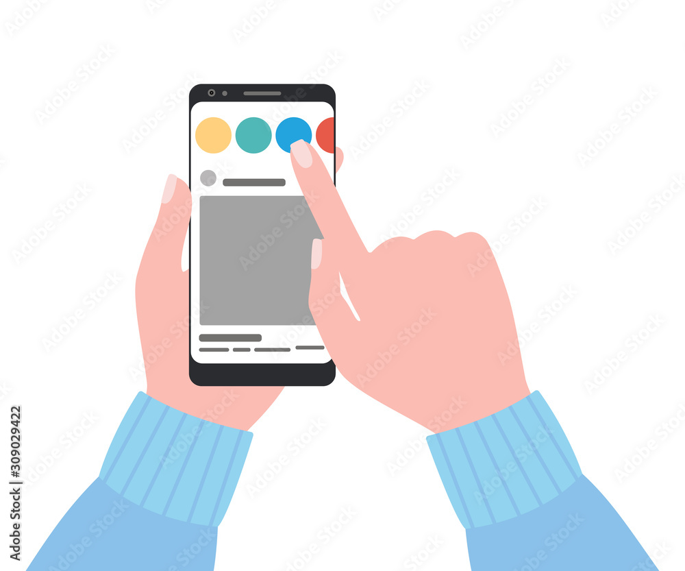Smartphone with mobile application in hand. Carousel, review of posts, mocap phone interface. Phone screen page. Vector illustration isolated on white background Smartphone with mobile application in hand. Carousel, review of posts, mocap phone interface. Phone screen page. Vector illustration isolated on white background
