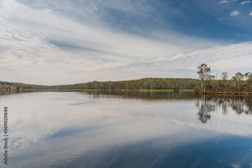 The Barossa Reservoir water supply with trees in the background and ducks in the foreground