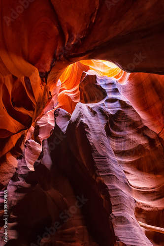 Wide angle vertical view of shadows and light at upper Antelope slot canyon with wave shape abstract formations of red orange rock layers sandstone in Page