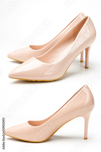 women's patent high heel shoes beige color isolated on white background