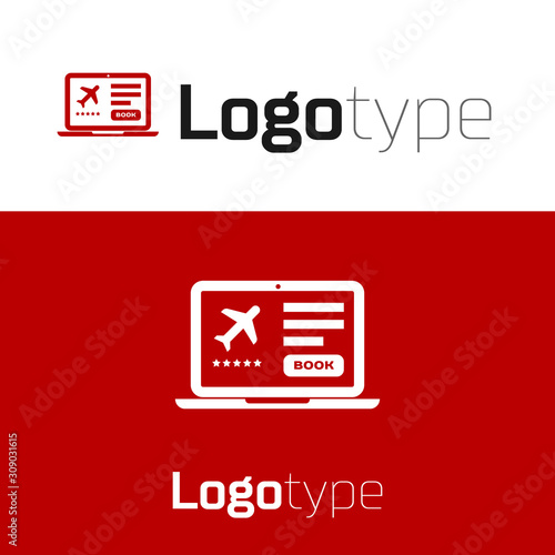 Red Laptop with electronic boarding pass airline ticket icon isolated on white background. Passenger plane mobile ticket for web and app. Logo design template element. Vector Illustration